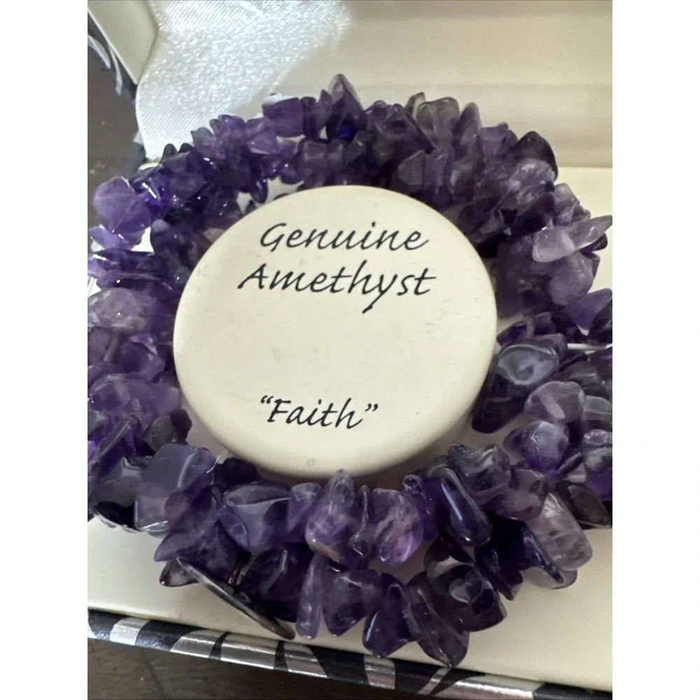 Bracelet Genuine Polished Amethyst Stretch Sterling Christian Cross Charm NWT